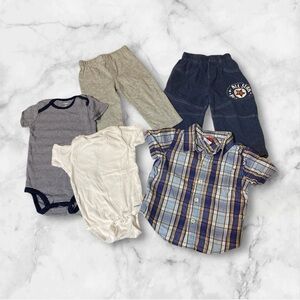 Infant boys set including 2 onsies 2 sweat pants 1 button down plaid shirt 18 mo